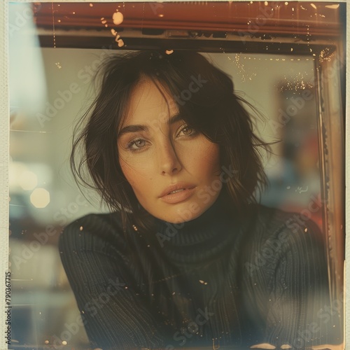 Vintage Polaroid Style Portrait of a Woman by the Window, Light Leaks, Scratches, Vintage Capture of a Beautiful Woman

