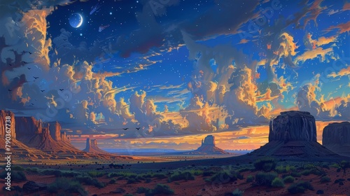 art deco painting with monument valley blue sky, clouds moon, in blue and gold 