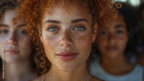 Portrait of a Young Woman with Curly Red Hair and Freckles