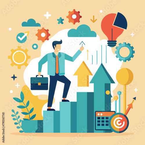 A man stands confidently on a bar chart, symbolizing business growth and marketing trends, Business growth and expand marketing trending, Simple and minimalist flat Vector Illustration