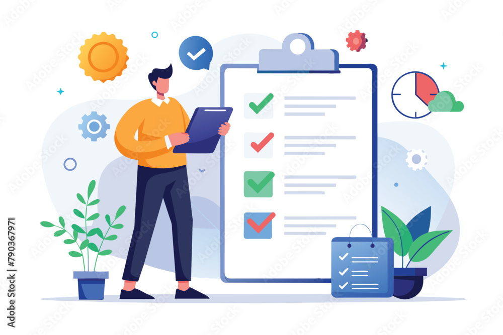 Businessman completing tasks on a checklist displayed on a clipboard, Business man ticking complete list trending, Simple and minimalist flat Vector Illustration