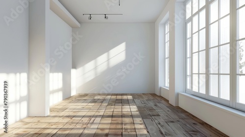 A large  empty room with white walls and wooden floors. The room is very bright and airy  with sunlight streaming in through the windows. The space feels open and inviting