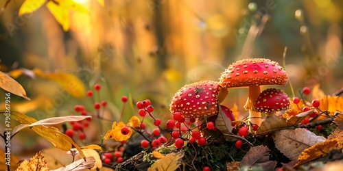 Autumn background with red mushrooms, berries, leaves