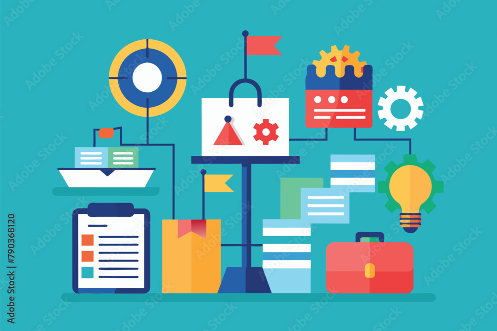 A collection of diverse items spread out on a blue backdrop, business organizer strategy, Simple and minimalist flat Vector Illustration A collection of diverse items spread out on a blue backdrop, business organizer strategy, Simple and minimalist flat Vector Illustration