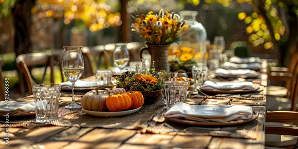 Autumn table setting outdoor, beautiful fall dinner