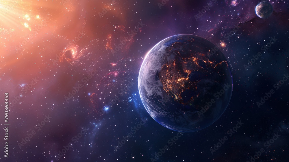 A planet in space surrounded by stars. The planet is orange and blue, with a red sun in the upper left corner. The background represents a galaxy.