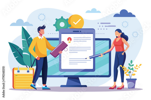 Man and Woman Standing in Front of Computer Screen, Business people signing online contract with electronic sign, Simple and minimalist flat Vector Illustration