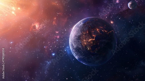 A planet in space surrounded by stars. The planet is orange and blue  with a red sun in the upper left corner. The background represents a galaxy.