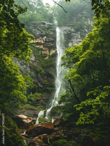 Majestic waterfall in lush green forest - A stunning waterfall cascades down the rocky terrain surrounded by the lush greenery of a tranquil forest photo