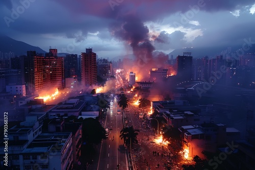 Riot aerial view of city with crowds of streets