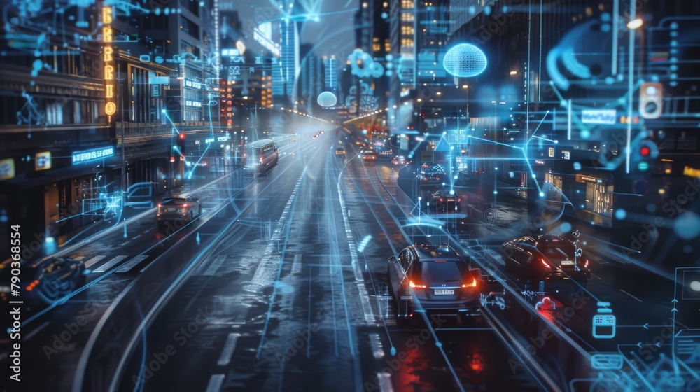 Smart transport technology concept for future car traffic on road . Virtual intelligent system makes digital information analysis to connect data of vehicle on city street