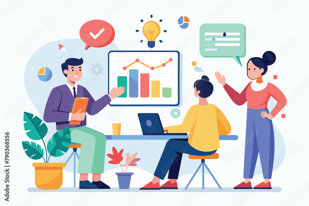A team of individuals sitting around a table discussing and working on a laptop together, Business problem solving presentation, Simple and minimalist flat Vector Illustration A team of individuals sitting around a table discussing and working on a laptop together, Business problem solving presentation, Simple and minimalist flat Vector Illustration