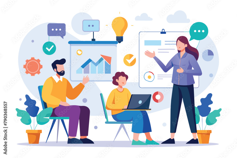 A woman is giving a business presentation to a diverse group of people in a conference room, Business problem solving presentation, Simple and minimalist flat Vector Illustration A woman is giving a business presentation to a diverse group of people in a conference room, Business problem solving presentation, Simple and minimalist flat Vector Illustration