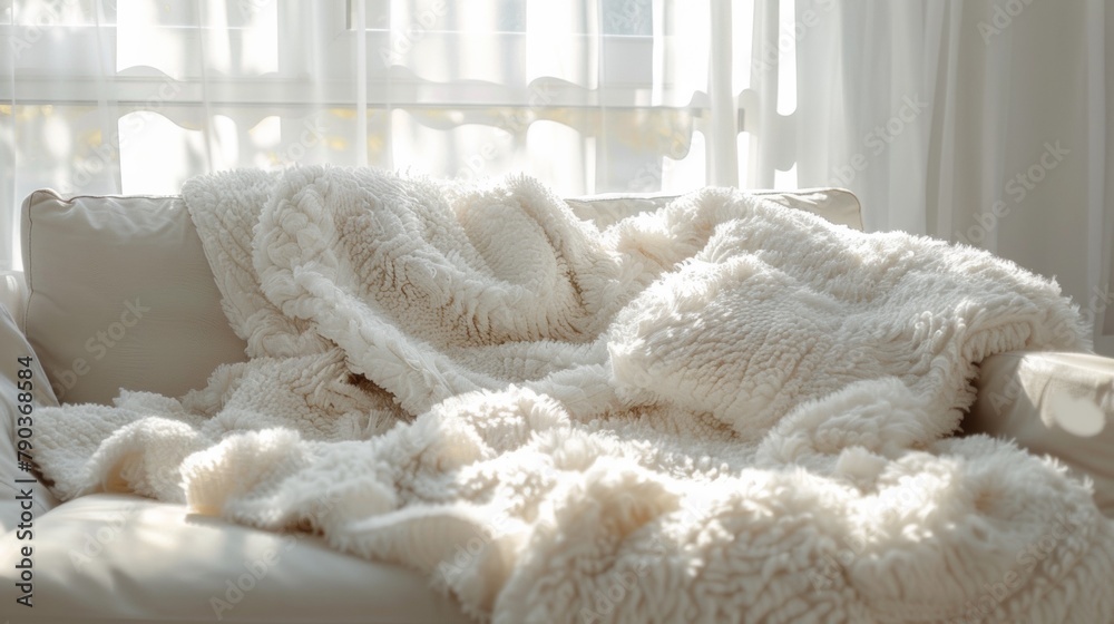 A white fluffy blanket sitting on a chair in front of the window, AI A white fluffy blanket sitting on a chair in front of the window, AI