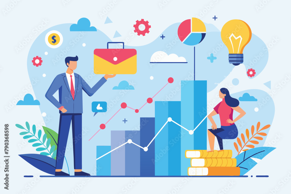 A man and woman are standing in front of a graph, analyzing business prospect problems, Business prospect problems trending, Simple and minimalist flat Vector Illustration
