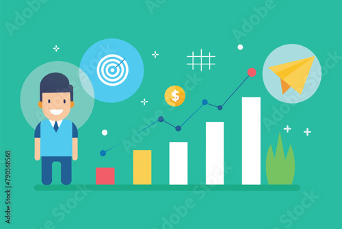 A man stands in front of a bar chart, analyzing business prospect data. The chart is simple and minimalist, Business prospect data, Simple and minimalist flat Vector Illustration