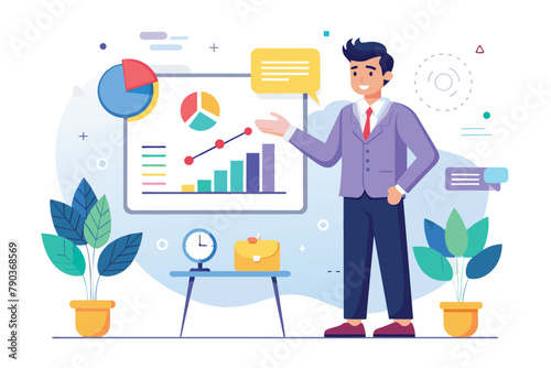 A man stands in front of a whiteboard, presenting graphs in a business prospect presentation, Business prospect presentation, Simple and minimalist flat Vector Illustration