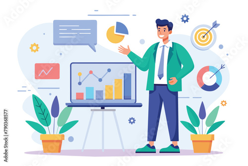 A man stands in front of a board with various graphs, analyzing business data and trends, Business prospect presentation, Simple and minimalist flat Vector Illustration