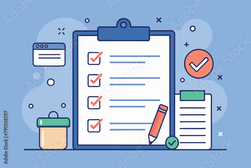 Clipboard With Checklist and Pencil, Business rules regulations list company policy rights and company principles, Simple and minimalist flat Vector Illustration