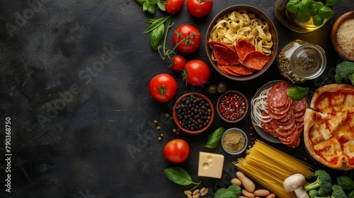 A table with a variety of foods including pizza, pasta and vegetables, AI