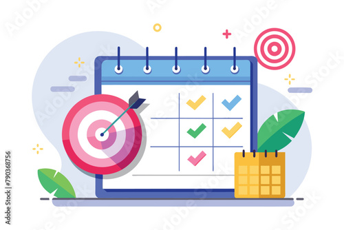 A dart is aimed at a target on a simple and mini business planning calendar, Business target planning calendar, Simple and minimalist flat Vector Illustration