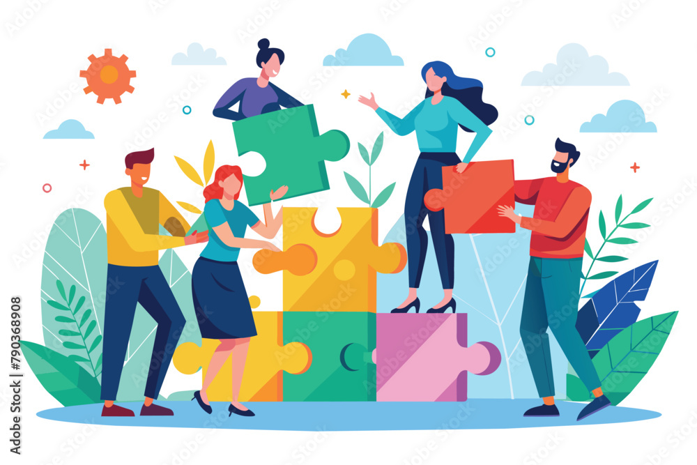 Group of people collaborating to complete a jigsaw puzzle, holding and connecting pieces, Business team putting together jigsaw puzzle isolated flat vector illustration