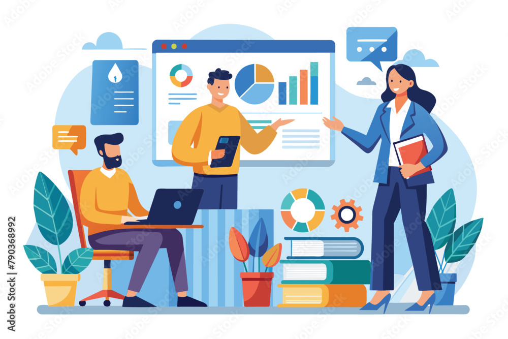 A group of people presenting business charts and reports in front of a whiteboard, Business training, presenting charts and reports, Simple and minimalist flat Vector Illustration