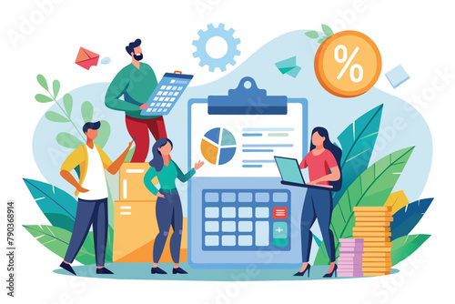 Team Analyzing Budget With Clock and Calculator, Business team planning company budget calculating tax and expenses, Simple and minimalist flat Vector Illustration