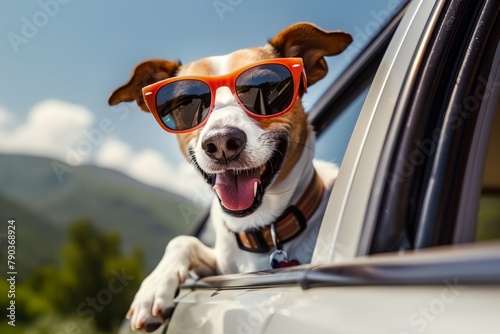 Cool dog in sunglasses looking out of car window, happy to travel in a car
