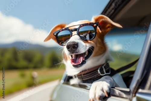 Cool dog in sunglasses looking out of car window, happy to travel in a car © inspiretta