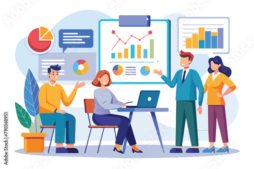 Group of People Analyzing Data on Laptop, Business training, presenting charts and reports, Simple and minimalist flat Vector Illustration