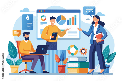 A group of people presenting business charts and reports in front of a whiteboard, Business training, presenting charts and reports, Simple and minimalist flat Vector Illustration © Iftikhar alam