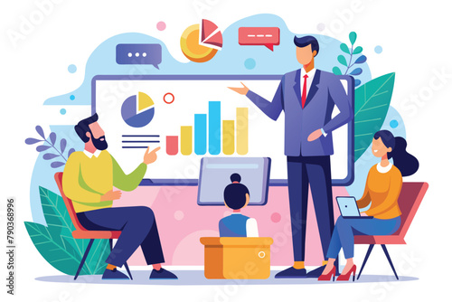 A man standing in front of a group of attentive individuals, presenting information using a large screen, Business training with big screenconcept flat illustration