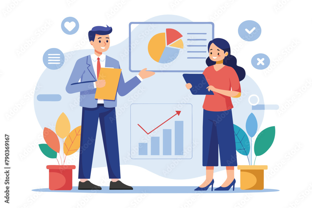 Business Man and Woman Standing Next to Each Other in Front of a Chart, business woman and business man with diagram document information, Simple and minimalist flat Vector Illustration Business Man and Woman Standing Next to Each Other in Front of a Chart, business woman and business man with diagram document information, Simple and minimalist flat Vector Illustration