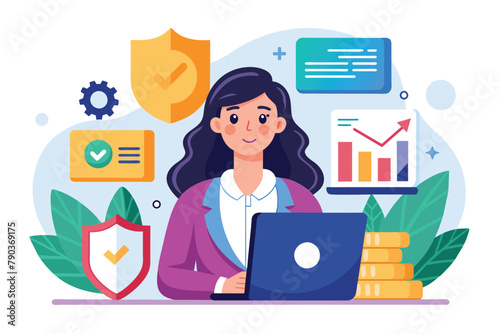 A businesswoman focused on working on her laptop computer in an office setting, Business woman protecting business data, Simple and minimalist flat Vector Illustration