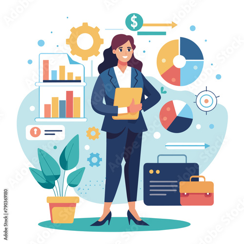 A businesswoman in a suit securely holds a folder, protecting important documents, Business woman protecting business data, Simple and minimalist flat Vector Illustration