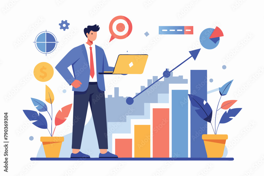 Businessman Analyzing Laptop Data on Bar Chart, Businessman analyzing graph for business goals, success business trending, Simple and minimalist flat Vector Illustration