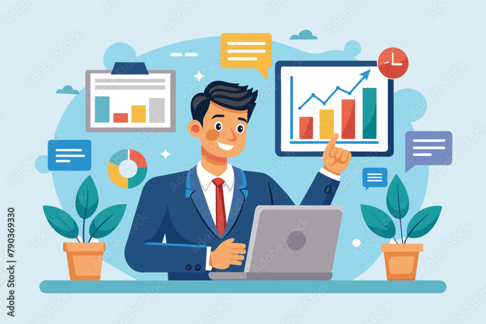 Man Working at Desk With Laptop, Businessman analyzing sales data deadline with tablet and computer, Simple and minimalist flat Vector Illustration Man Working at Desk With Laptop, Businessman analyzing sales data deadline with tablet and computer, Simple and minimalist flat Vector Illustration