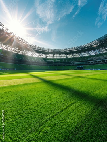 Sunny empty stadium with a green field - An expansive stadium with a vibrant green pitch basks in the sunlight, with the stands towering around
