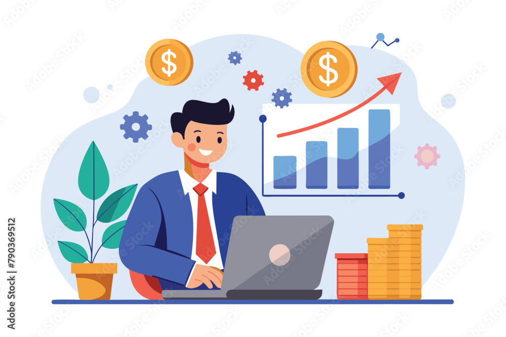 A man sitting in front of a laptop computer, investing money online, businessman investing money online with investment growth report, Simple and minimalist flat Vector Illustration A man sitting in front of a laptop computer, investing money online, businessman investing money online with investment growth report, Simple and minimalist flat Vector Illustration