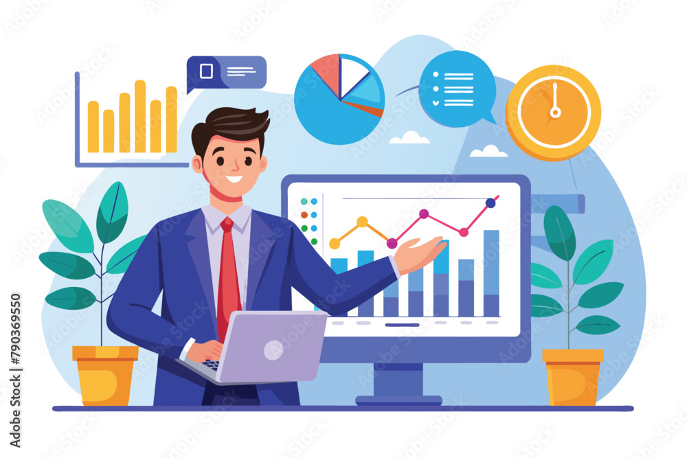 Man Presenting Online Trading Growth Data, Businessman is presenting online trading growth data with time, Simple and minimalist flat Vector Illustration Man Presenting Online Trading Growth Data, Businessman is presenting online trading growth data with time, Simple and minimalist flat Vector Illustration