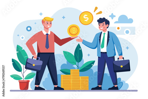 Two businessmen shaking hands over a stack of coins in a business deal exchange, a woman invests money for business capital, Simple and minimalist flat Vector Illustration