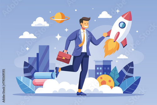A man in a suit holds a briefcase and a rocket, symbolizing a new project launch, Businessman launching new project, Simple and minimalist flat Vector Illustration