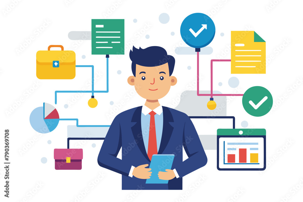 A businessman in a suit holding a tablet displaying a flowchart and data, Businessman with flowchart and data, Simple and minimalist flat Vector Illustration A businessman in a suit holding a tablet displaying a flowchart and data, Businessman with flowchart and data, Simple and minimalist flat Vector Illustration