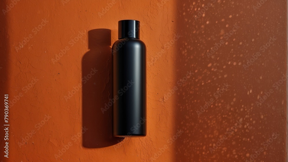 Elegant Black Spray Bottle Against Orange Wall Elegant Black Spray Bottle Against Orange Wall