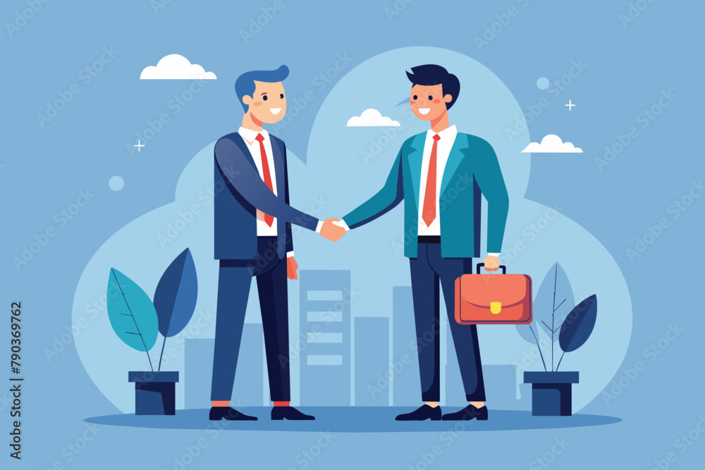 Obraz premium Two businessmen shaking hands in front of a cityscape, symbolizing a partnership agreement, Businessmen make a deal for partnership cooperation concept, Simple and minimalist flat Vector Illustration