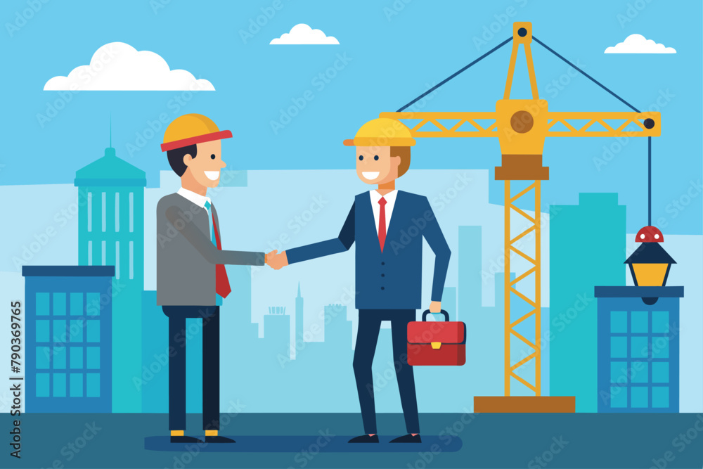 Two businessmen shake hands in front of construction site with crane in background, businessmen shaking hands, construction crane, Simple and minimalist flat Vector Illustration Two businessmen shake hands in front of construction site with crane in background, businessmen shaking hands, construction crane, Simple and minimalist flat Vector Illustration
