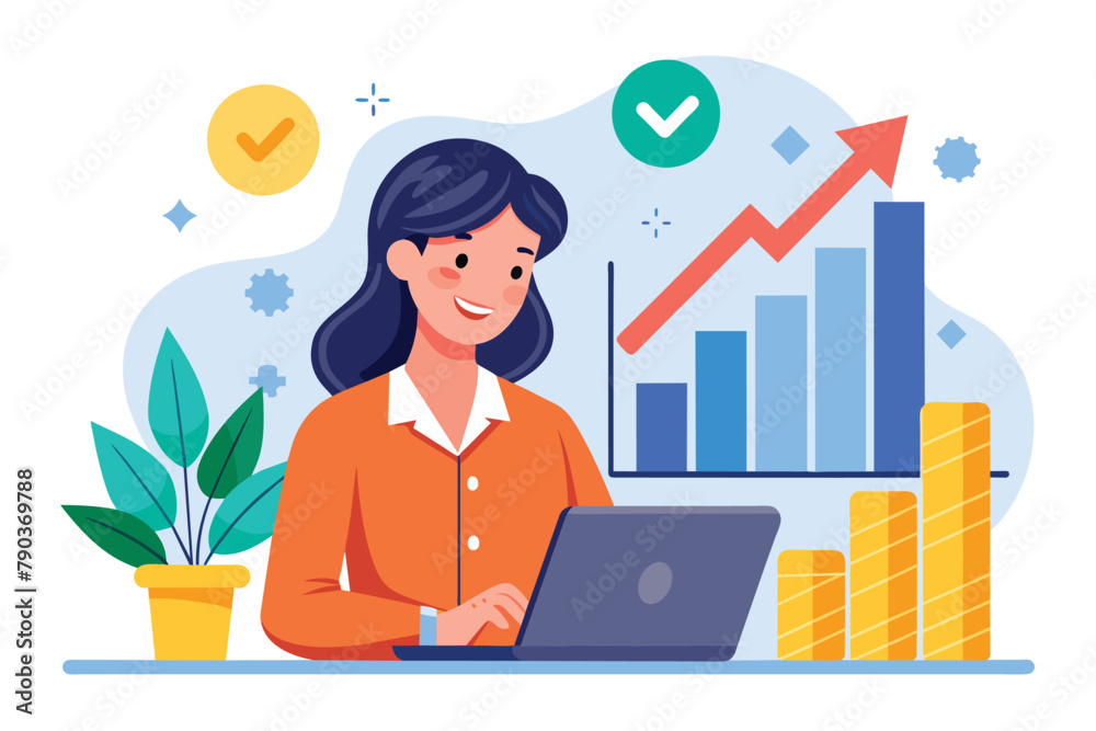 A woman sitting in front of a laptop computer, analyzing stock growth rates, businesswoman analyzes stock growth rate, Simple and minimalist flat Vector Illustration
