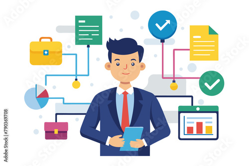 A businessman in a suit holding a tablet displaying a flowchart and data, Businessman with flowchart and data, Simple and minimalist flat Vector Illustration