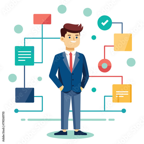 A man in a suit standing in front of a wall with various icons, analyzing flowcharts and data, Businessman with flowchart and data, Simple and minimalist flat Vector Illustration